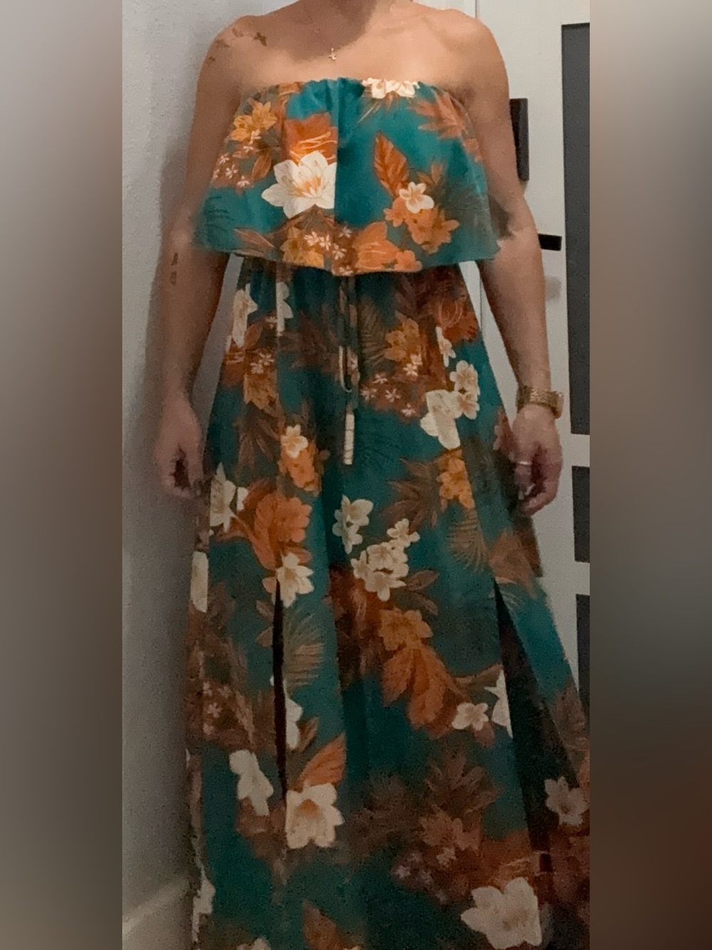 SHEIN Teal Strapless Floral Maxi Dress with Orange Blooms Sz M